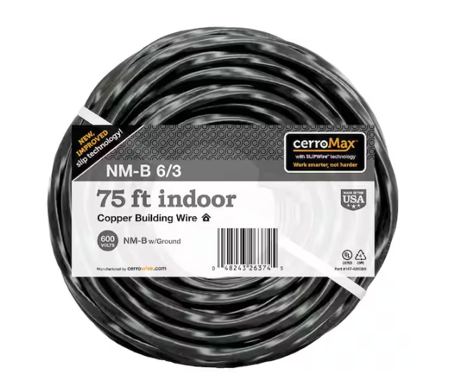 75 ft. 6/3 Black Stranded CerroMax SLiPWire Copper NM-B Wire - 9165655