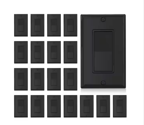 15 Amp Single-Pole Decorative Paddle Rocker Light Switch Glossy Black (20-Pack) with Wall Plate - 91010577872
