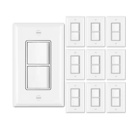 15A, Double On/Off Rocker Light Switch Single Pole Combination Interrupter with Wall plate in White - (10-Pack) - 91010997147