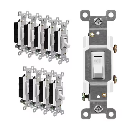 15 Amp Single Pole Grounding Screw Toggle Light Switch Illumated-White (10-Pack) - 91010598733
