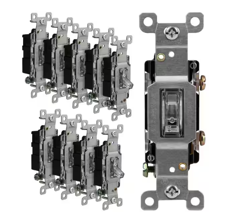 15 Amp Single Pole Grounding Screw Toggle Light Switch Illumated-Clear (10-Pack) - 91010598726
