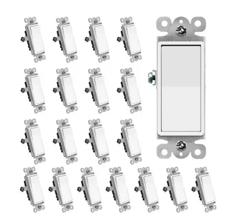 15 Amp 120-Volt/277-Volt 3-Way Rocker Single Pole Decor Paddle Light Switch UL Listed in White (20-Pack) - 91011983704