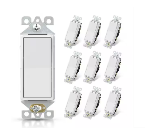 15 Amp Single-Pole Decorative Paddle Rocker Light Switch in Matte White (10-Pack) - 91010701005