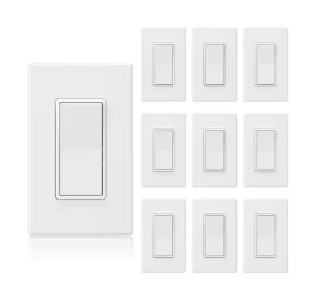 15 Amp Single-Pole Decorative Paddle Rocker Light Switch Matte White with Wall Plate (10-Pack) - 91010598771