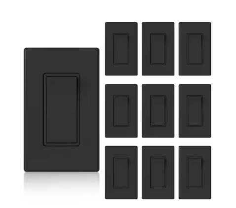15 Amp Single-Pole Decorative Paddle Rocker Light Switch Matte Black with Wall Plate (10-Pack) - 91010598754