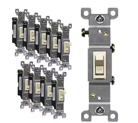 15 Amp Single Pole Grounding Screw Toggle Light Switch Light Almond Beige (10-Pack) - 91010662144
