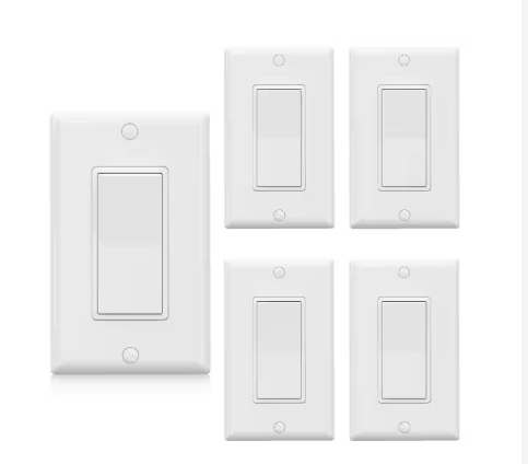 15 Amp Single-Pole Decorative Paddle Rocker Light Switch Glossy White 5 Pack with Wall Plate - 91010997134