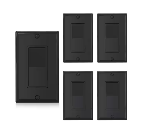 15 Amp Single-Pole Decorative Paddle Rocker Light Switch Glossy Black 5 Pack with Wall Plate - 91010997136