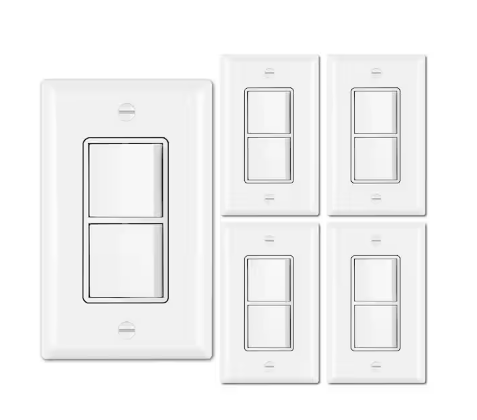 15A, Double On/Off Rocker Light Switch Single Pole Combination Interrupter with Wall plate in White - (5-Pack) - 91010997146