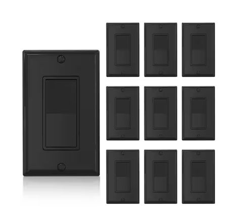 15 Amp Single-Pole Decorative Paddle Rocker Light Switch Glossy Black (10-Pack )with Wall Plate - 91010577868