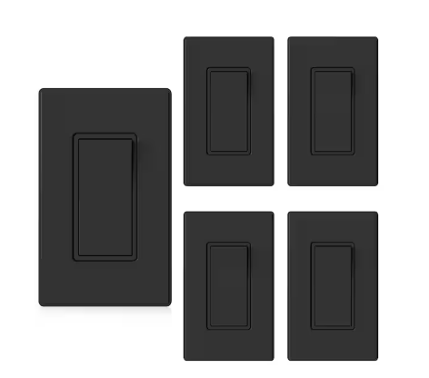 15 Amp Single-Pole Decorative Paddle Rocker Light Switch Matte Black with Wall Plate (5-Pack) - 91010791245