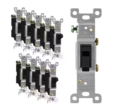15 Amp Single Pole Grounding Screw Toggle Light Switch Black (10-Pack) - 91010725120