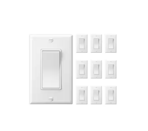 15A, 120/277VAC, 3-Way Decorator Light Switch with Wall Plate, Rocker Light Switch, UL Listed in White - (10-Pack) - 91010997142