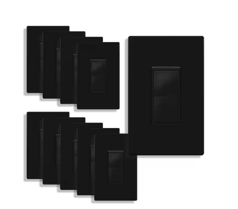 15 Amp Single Pole Decorator Rocker Light Switch with Midsize Screwless Wall Plate, Black (10-Pack) - 91009606698
