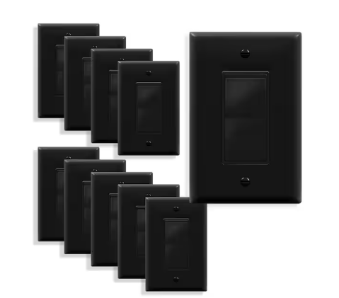 15 Amp Single Pole Decorator Rocker Light Switch with Midsize Wall Plate, Black (10-Pack) - 91009606701