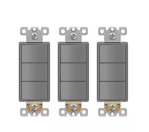15 Amp 120-Volt to 277-Volt Triple Paddle Rocker Decorator Light Switch, Single Pole, Residential Grade in Gray (3-Pack) - 91009826993