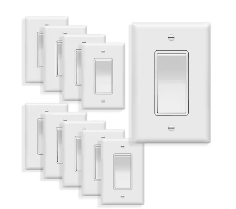 15 Amp Single Pole Decorator Rocker Light Switch with Midsize Wall Plate, White (10-Pack) - 91009606700