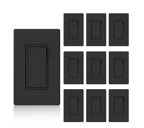 Decorator 15 Amp 120-Volt Single Pole Rocker AC Quiet Light Switch, with Wall Plate, Matt Black (10-Pack) - 91009203303
