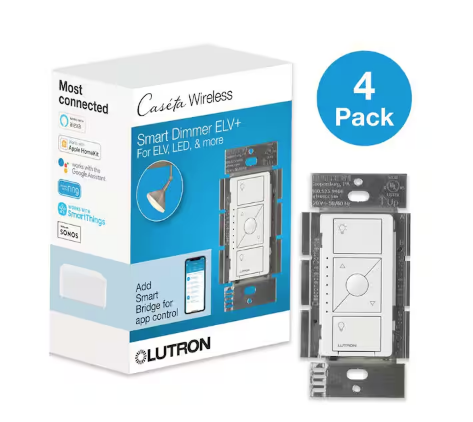 Caseta Smart Lighting Dimmer Switch for ELV Bulbs, 250W LED Bulbs, White (PD-5NE-WH-4PK) (4-Pack)