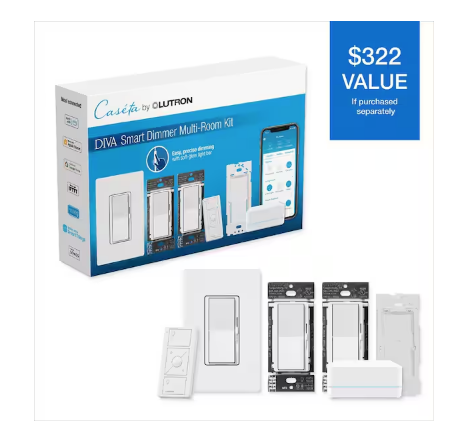 Diva Smart Dimmer Multi-Room Kit for Caseta Smart Lighting, with Smart Hub + Pico Remote, 150-Watt LED (DVRF-BDG-3D) - 91011101235