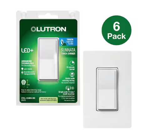 Sunnata Touch Dimmer Switch w/Wallplate, for LED Bulbs, 150W/3 Way or Multi Location, White (STCL-6PKMHW-WH) (6-Pack) - 91009477159