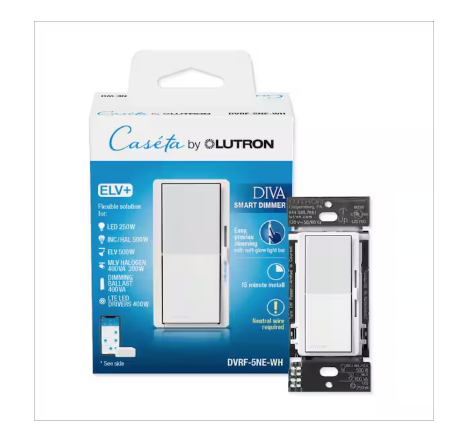 Diva Smart Dimmer Switch ELV+ for Caseta Systems, 250-Watt LED, Neutral Required, White (DVRF-5NE-WH) - 91012199654