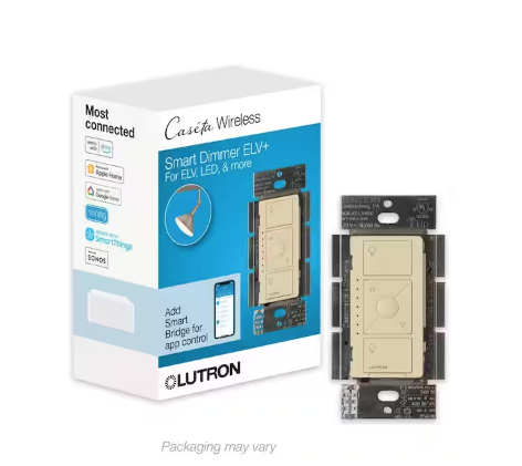 Caseta Smart Lighting Dimmer Switch for ELV Bulbs, 250W LED Bulbs, Ivory (PD-5NE-IV)