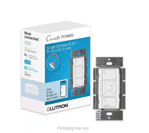 Caseta Smart Lighting Dimmer Switch for ELV Bulbs, 250W LED Bulbs, White (PD-5NE-WH)