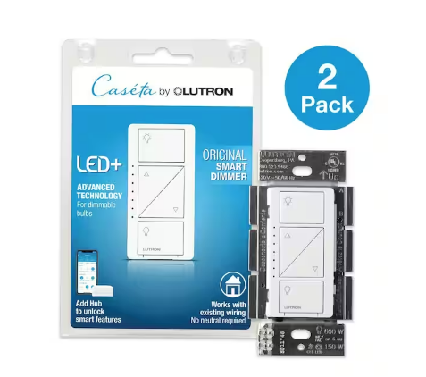 Caseta Smart Dimmer Switch for Wall & Ceiling Lights, 150W LED, White (PD-6WCL-WH-R-2) (2-Pack)
