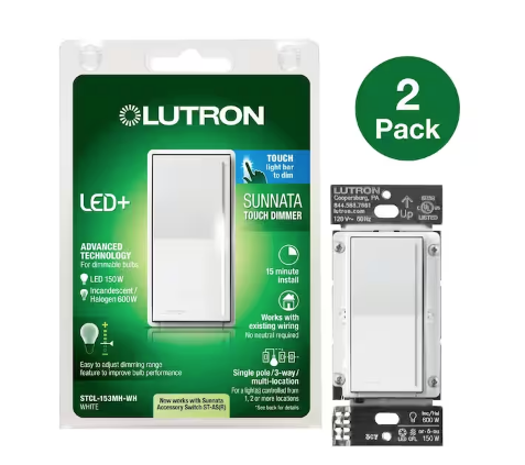 Sunnata Touch Dimmer Switch, for LED Bulbs, 150-Watt LED/3 Way or Multi Location, White (STCL-2PKMH-WH) (2-Pack) - 91009477123