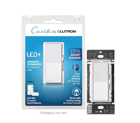 Diva Smart Dimmer Switch for Caseta Smart Lighting, 150-Watt LED, White (DVRF-6L-WH-R) - 91008057486