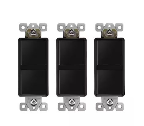 15A 120V-277VAC Double Paddle Rocker Decorator Light Switch, Single Pole, Residential/Commercial Grade in Black (3-Pack) - 91009826998