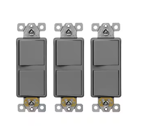 15A 120V-277VAC Double Paddle Rocker Decorator Light Switch, Single Pole, Residential/Commercial Grade in Gray (3-Pack) - 91009827003