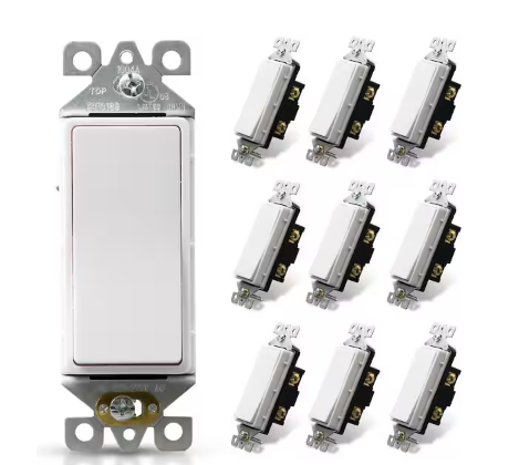 Decor 15 Amp 120-Volt Single Pole Rocker AC Quiet Light Switch, White (10-Pack) - 91006546226