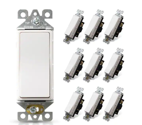 Decor 15 Amp 120-Volt 3 Way Rocker AC Quiet Light Switch, White (10-Pack) - 91006608241
