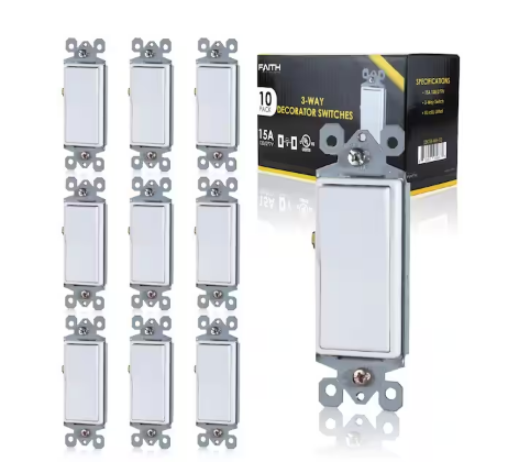 Decorator 15 Amp 3-Way Paddle/Rocker Wall Light Switch, White (10-Pack) - 91007026486