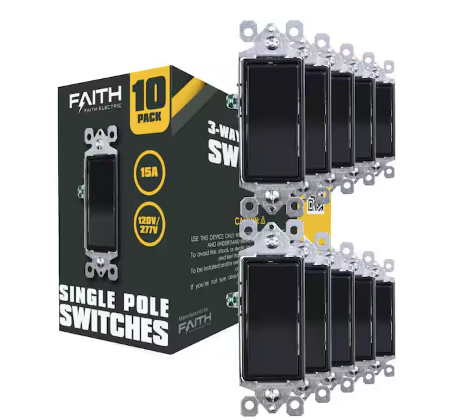 Decorator 15 Amp Single-Pole Paddle/Rocker Wall Light Switch in Black (10-Pack) - 91007334834