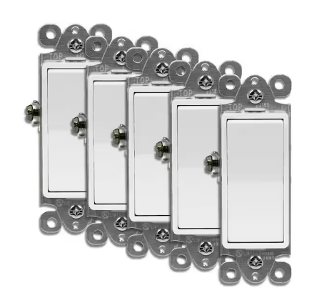 15 Amp Rocker Light Switch, 3-Way or Single Pole Decorator, White (5-Pack) - 91009827009