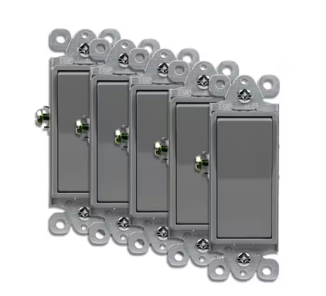 15 Amp Rocker Light Switch, 3-Way or Single Pole Decorator, Gray (5-Pack) - 91009827011
