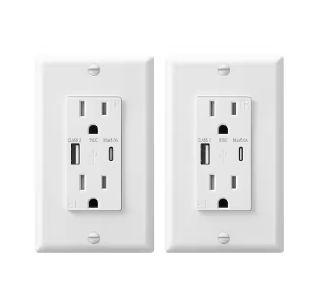 White 15 Amp Tamper Resistant Receptacle Outlet with USB-A, USB-C Charger (2-Pack) - 91011800679