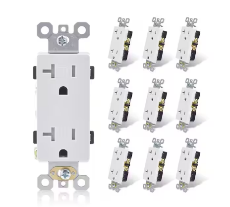 Decor 20 Amp 125-Volt Residential Grade Self Grounding Tamper Resistant Duplex Outlet, White (10-Pack) - 91006547744