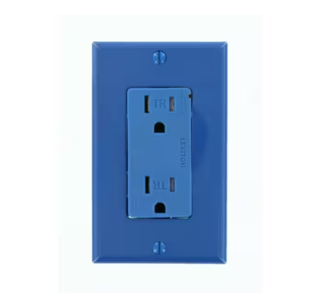 Decora Plus 15 Amp Commercial Grade Tamper Resistant Self Grounding Duplex Surge Outlet, Blue