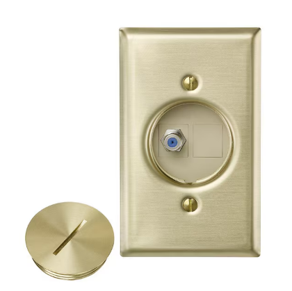 QuickPort F Connector Floor Jack Assembly with 1-Jack 1-Blank Insert Wallplate and Screw Cap, Brass