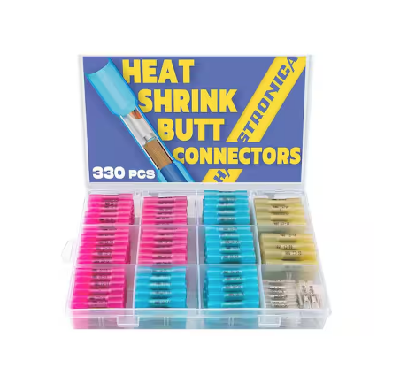 330 Pcs Heat Shrink Butt Connectors, Copper Insulated Marine Grade Waterproof Electrical Crimp Wire Connectors Kit - 91012494520