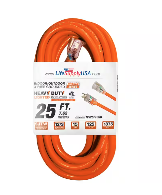 25 ft. 12-Gauge/3 Conductors SJTW Indoor/Outdoor Extension Cord with Lighted End Orange (1-Pack) - 91011696020