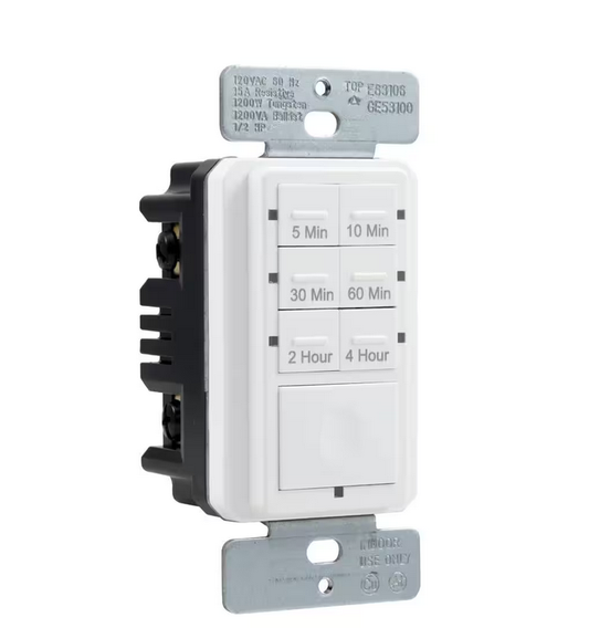 15 Amp 4-Hour In-Wall Push Button Countdown Timer Switch with Screw Terminals, White - 9100152488