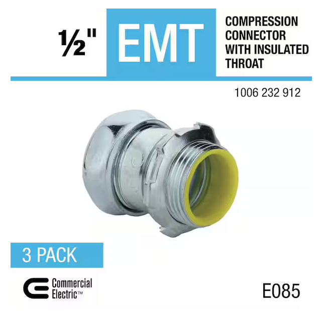 1/2 in. Electrical Metallic Tubing (EMT) Compression Connector with Insulated Throat (3-Pack) - 91006232912