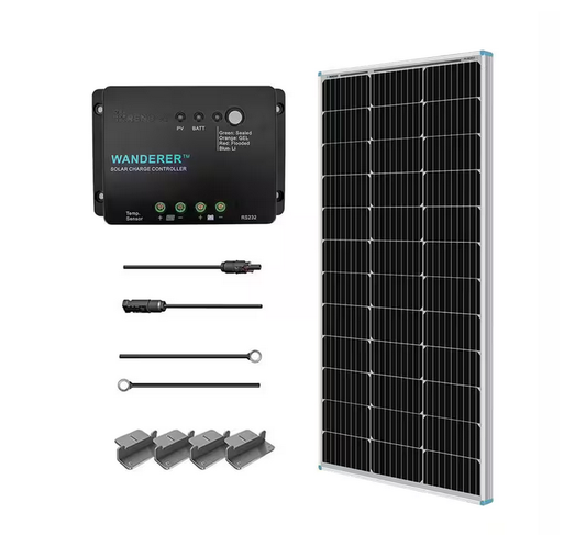 100-Watt 12-Volt Off-Grid Solar Starter Kit w/ 1-Piece 100W Monocrystalline Panel and 30A PWM Wanderer Charge Controller