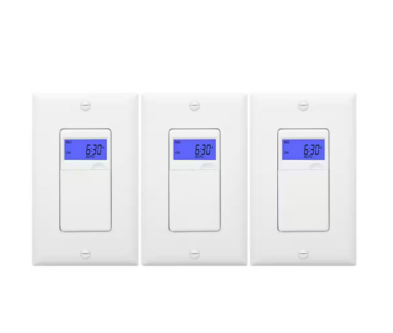 15 Amp 7-Day In-Wall Programmable Indoor Digital Timer Switch with Wall Plates, White (3-Pack) - 91006791308
