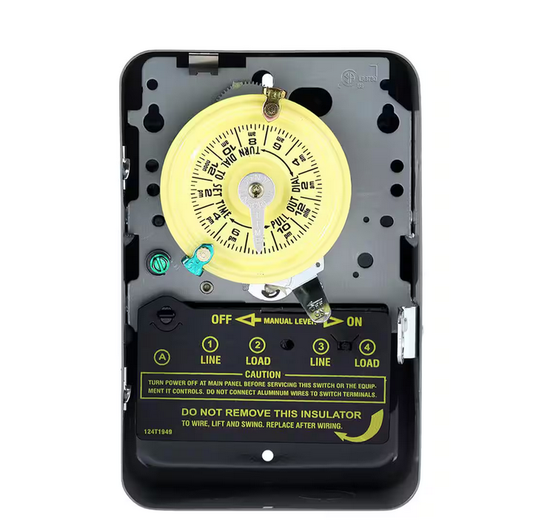 T100 Series 40 Amp 24-Hour Indoor Mechanical Timer with Double Pole Single Throw Switching 240 VAC, Gray - 9111511